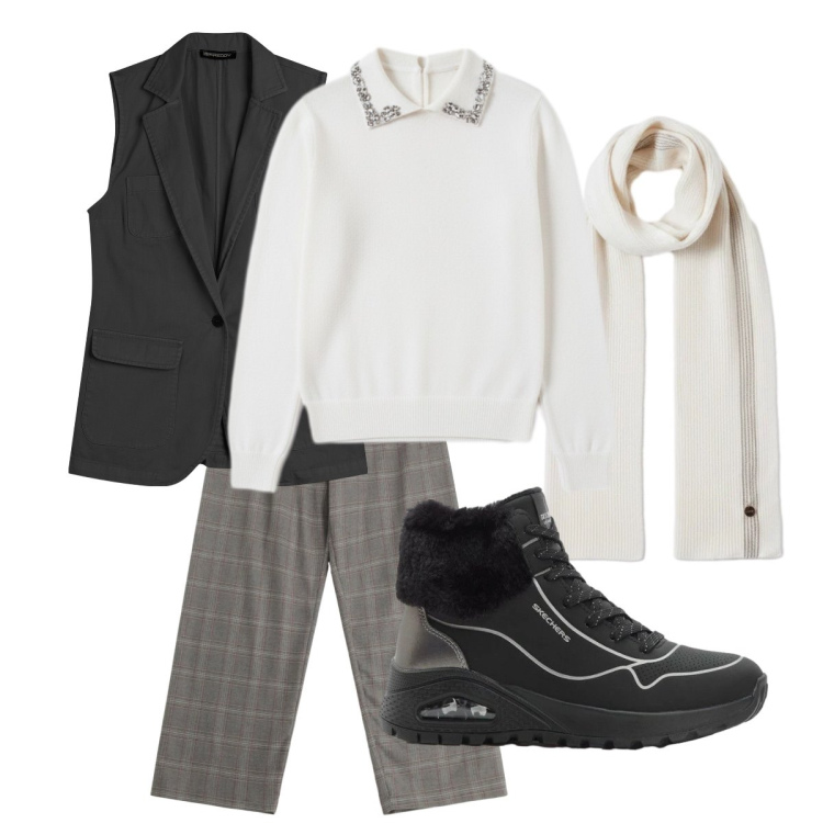 Outfit donna - knitwear Curvy. Stile Preppy per Tutti i giorni. Abbinamento con sneakers alte, pantaloni a palazzo, gilet, sciarpe, pullovers.