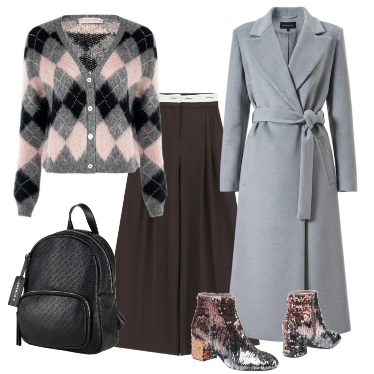 Outfit donna - Total look #2314085. Stile Chic per Serata fuori. Abbinamento con stivaletti, zaini, pantaloni a palazzo, cardigans, cappotti.