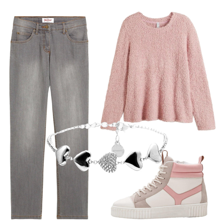 Outfit donna - Total look #2314091. Stile Minimal per Tutti i giorni. Abbinamento con jeans dritti, maglieria, sneakers alte, braccialetti.