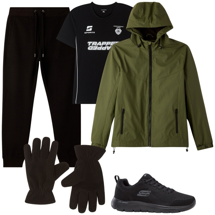 Outfit uomo - Nero e Verde. Stile Trendy per Sport. Abbinamento con sneakers, t-shirt sportive, giacche sportive, pantaloni, guanti.
