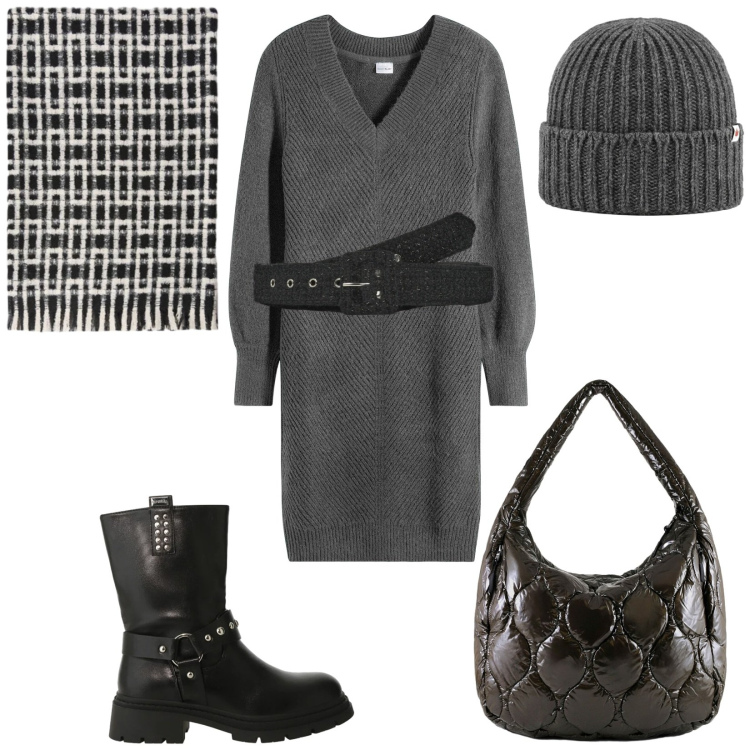 Outfit donna - Total look #2314093. Stile Casual chic per Tutti i giorni. Abbinamento con vestiti, cinture, stivali, berretti, borse tote, sciarpe.