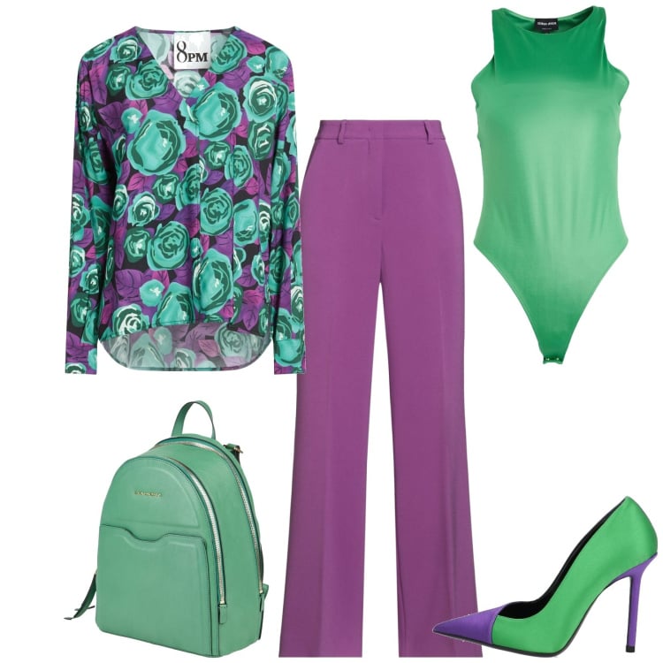 Outfit donna - Total look #2314098. Stile Trendy per Serata fuori. Abbinamento con décolleté, zaini, body, pantaloni, top.