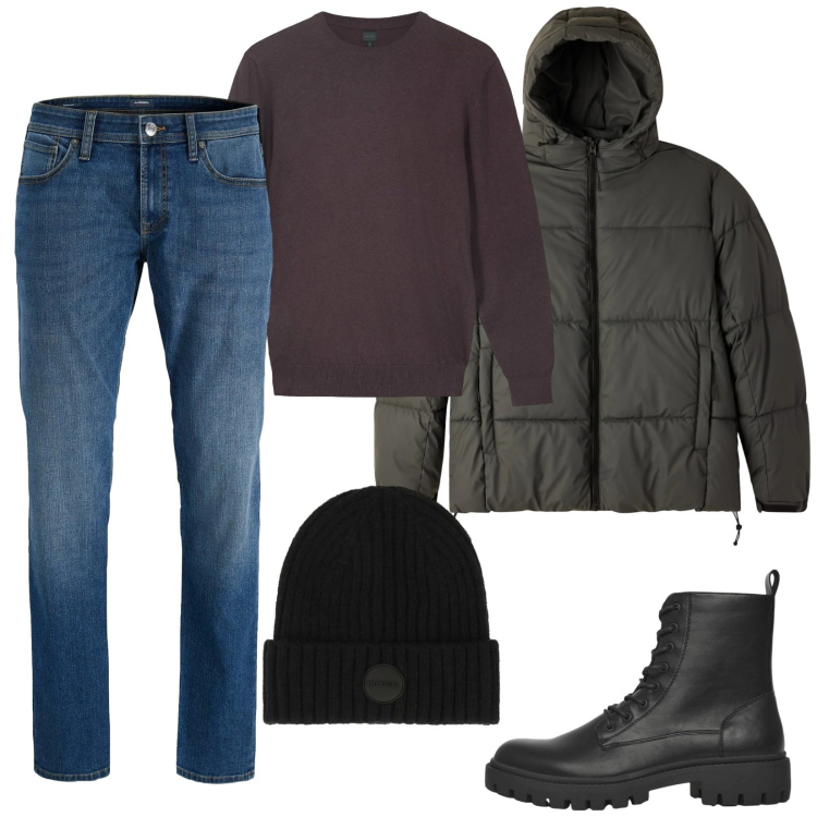 Outfit uomo - Giubbino canna di fucile. Stile Casual per Tutti i giorni. Abbinamento con jeans, anfibi, bomber, cappelli, maglieria.