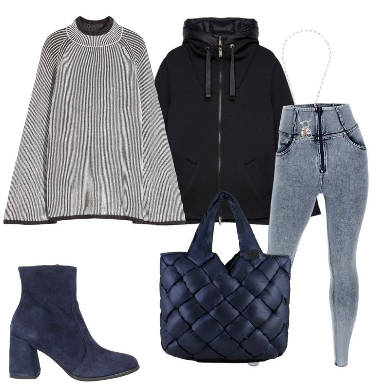 Outfit donna - Total look #2314100. Stile Casual chic per Ufficio. Abbinamento con maglieria, stivaletti, jeans skinny, ciondoli, borse tote, blazer.