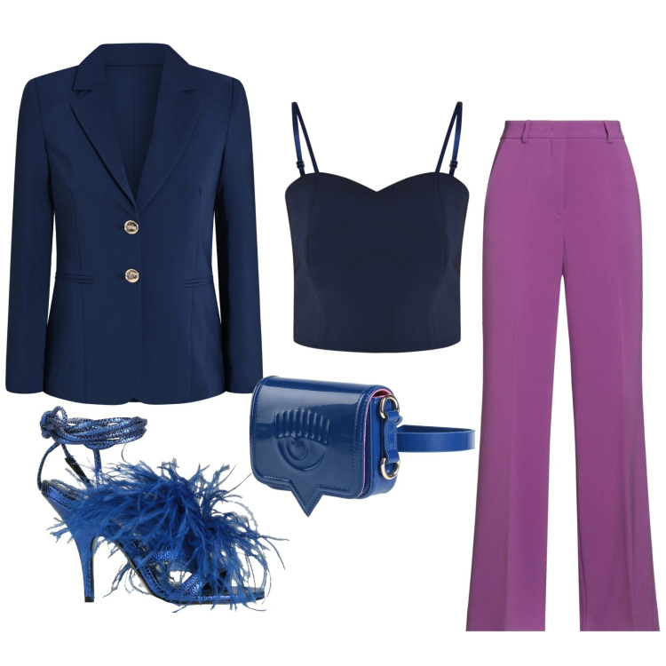 Outfit donna - Total look #2314101. Stile Glamour per Serata fuori. Abbinamento con sandali in pelle, pantaloni, marsupi, blazer, top.