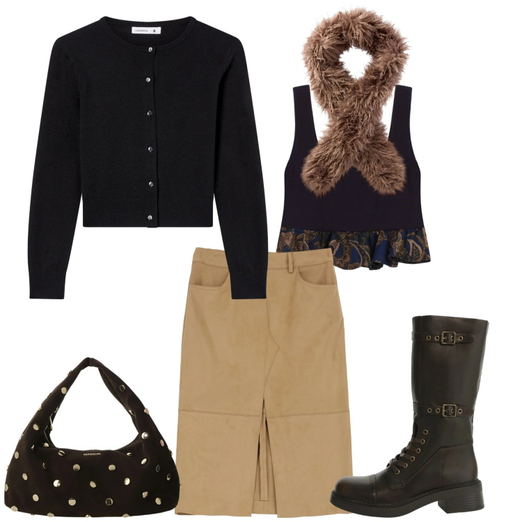 Outfit donna - Total look #2314110. Stile Chic per Serata fuori. Abbinamento con borse a spalla, gonne longuette, stivali, sciarpe, cardigans, top.