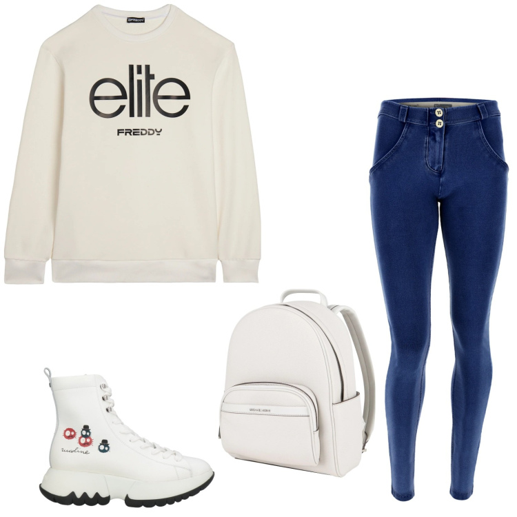 Outfit donna - Total look #2314112. Stile Sporty chic per Tutti i giorni. Abbinamento con stivaletti, zaini, jeggings, felpe.