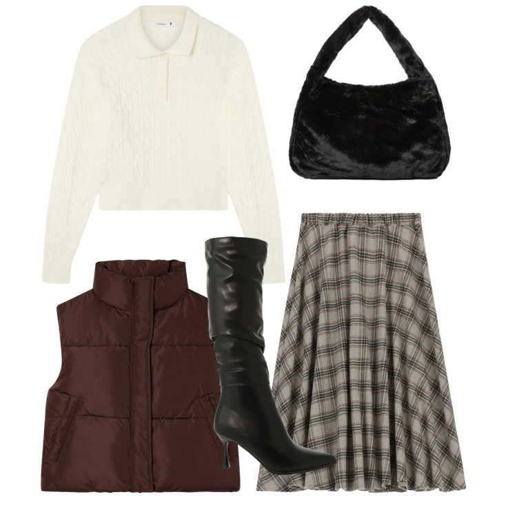 Outfit donna - Total look. Stile Bon Ton per Tutti i giorni. Abbinamento con piumini, polo, gonne longuette, stivali sopra il ginocchio, borse a spalla.