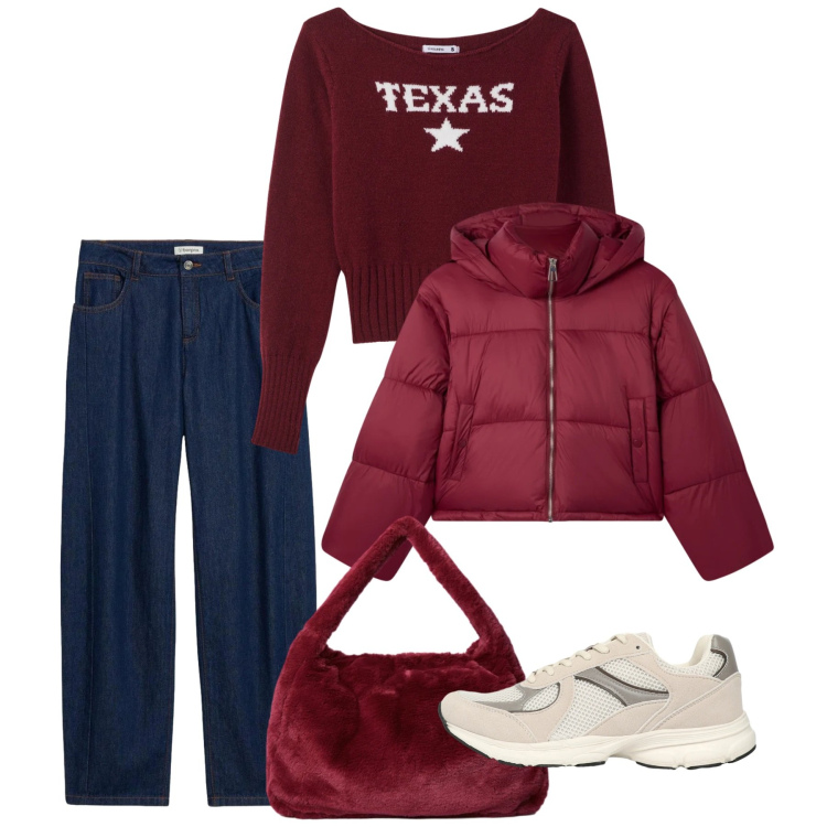 Outfit donna - Gennaio. Stile Basic per Tutti i giorni. Abbinamento con jeans, sneakers, bomber, maglieria, borse a spalla.