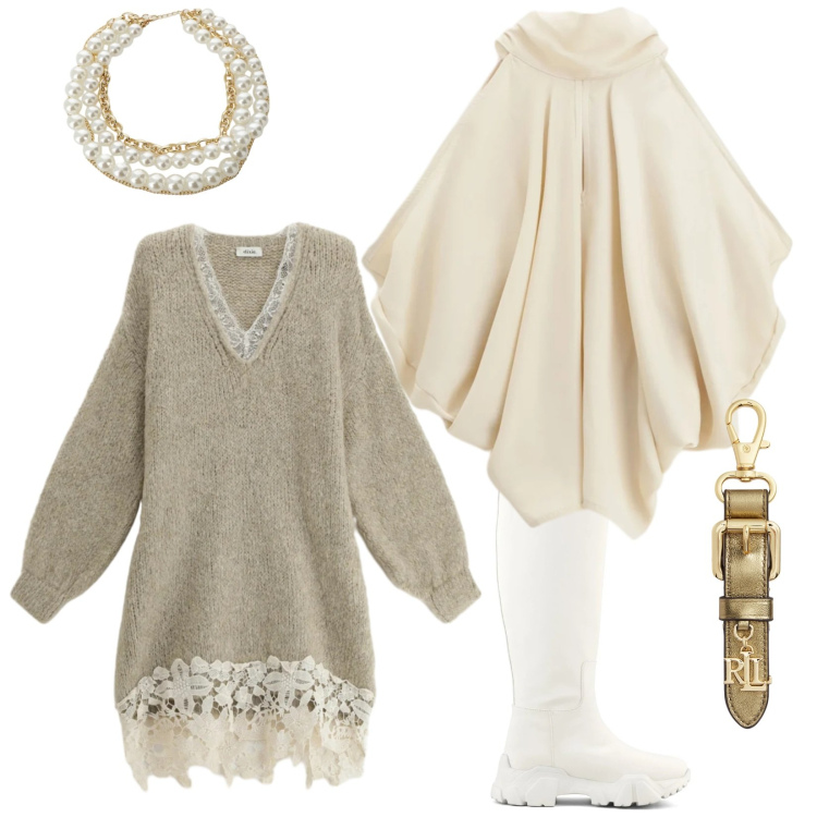 Outfit donna - Saldi Dixie FW 2025. Stile Glamour per Serata fuori. Abbinamento con portachiavi, vestiti corti, top, collane, stivali.