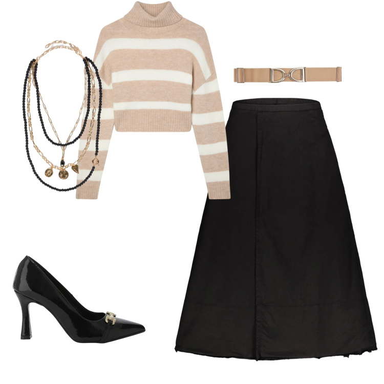 Outfit donna - Look da giorno chic. Stile Casual chic per Tutti i giorni. Abbinamento con maglieria, cinture, décolleté, gonne lunghe, collane.