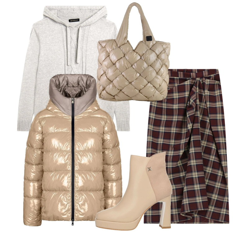 Outfit donna - Total look. Stile Chic per Tutti i giorni. Abbinamento con stivaletti, gonne longuette, maglieria, piumini, borse tote.