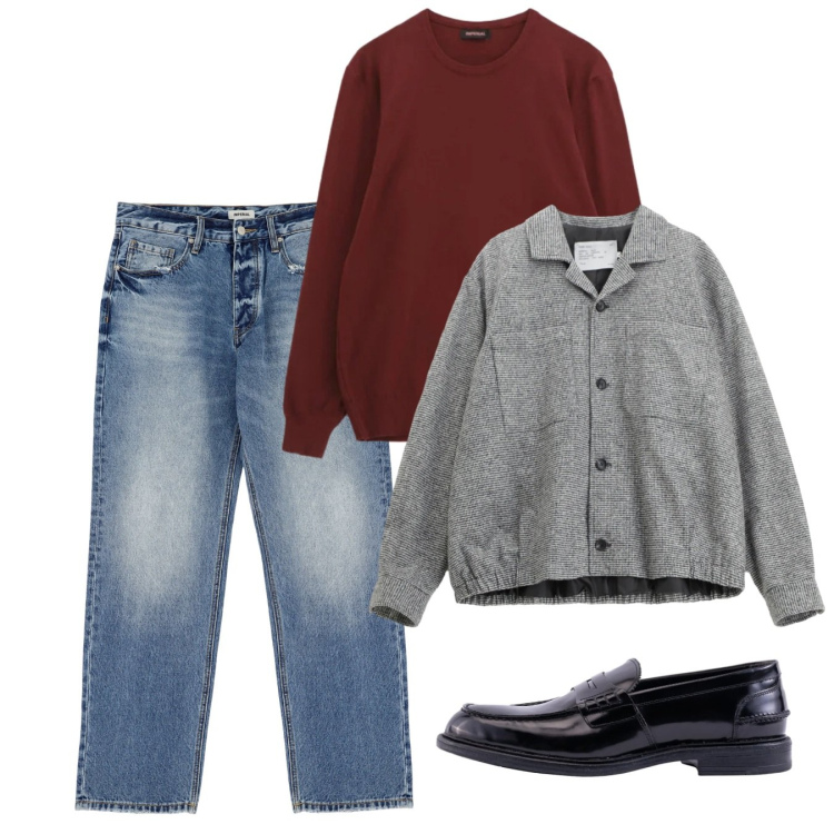 Outfit uomo - Gennaio. Stile Casual per Tutti i giorni. Abbinamento con jeans, cappotti, maglieria, scarpe stringate.