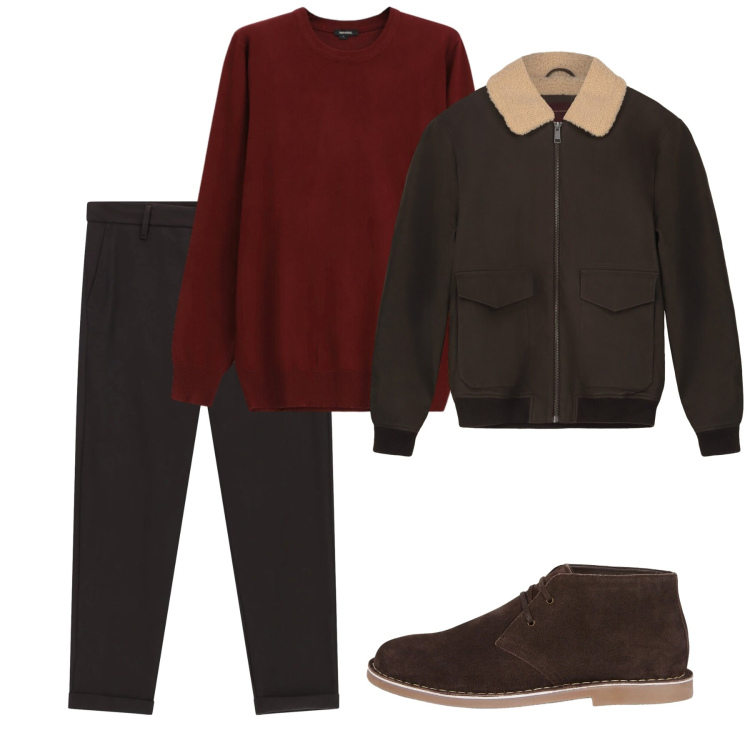 Outfit uomo - Gennaio. Stile Casual per Tutti i giorni. Abbinamento con pantaloni, maglieria, stivali e stivaletti, bomber.