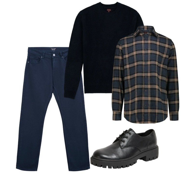 Outfit uomo - Gennaio. Stile Casual per Tutti i giorni. Abbinamento con scarpe stringate, jeans dritti, maglieria, camicie.
