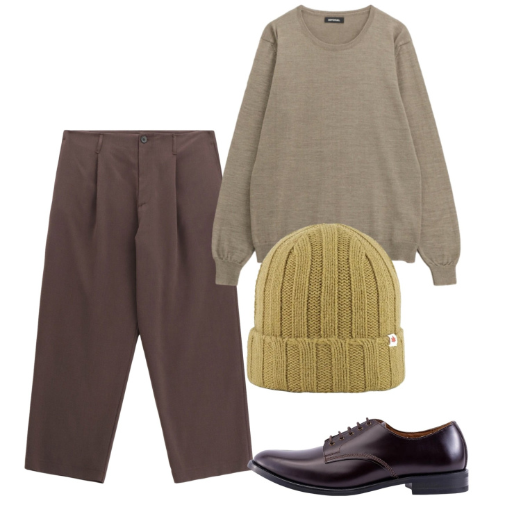 Outfit uomo - Gennaio. Stile Casual per Tutti i giorni. Abbinamento con pantaloni, maglieria, cappelli, scarpe stringate.