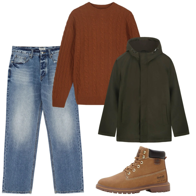 Outfit uomo - Gennaio. Stile Casual per Tutti i giorni. Abbinamento con stivali e stivaletti, jeans, eskimo, maglieria.