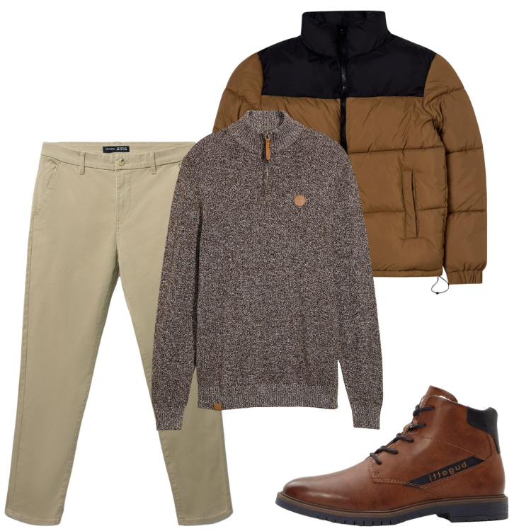 Outfit uomo - Gennaio. Stile Casual per Tutti i giorni. Abbinamento con anfibi, maglieria, bomber, pantaloni chino.