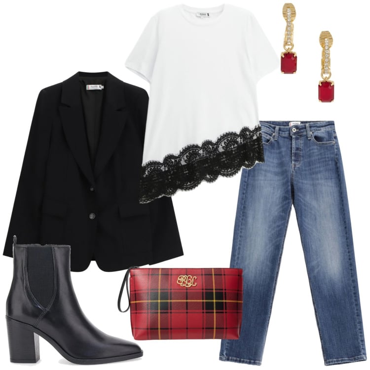 Outfit donna - Please - Saldi FW 2025. Stile Chic per Serata fuori. Abbinamento con t-shirt, jeans, blazer, orecchini, pochette, stivaletti.