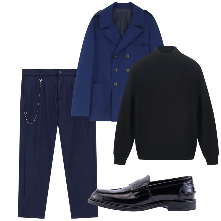 Outfit uomo - Gennaio. Stile Casual per Tutti i giorni. Abbinamento con pantaloni, caban, scarpe stringate, maglieria.