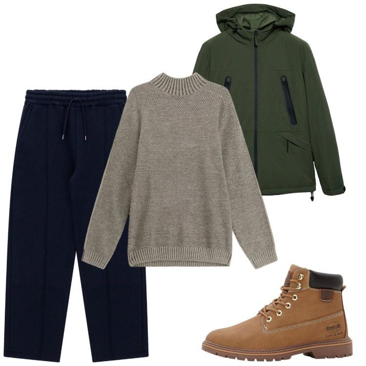 Outfit uomo - Gennaio. Stile Casual per Tutti i giorni. Abbinamento con stivali e stivaletti, giacche, pantaloni, maglieria.