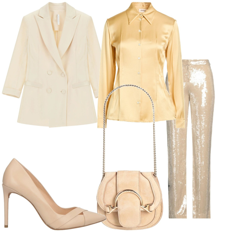 Outfit donna - Paiettes in chiaro. Stile Glamour per Serata fuori. Abbinamento con marsupi, pantaloni, camicie, décolleté, blazer.