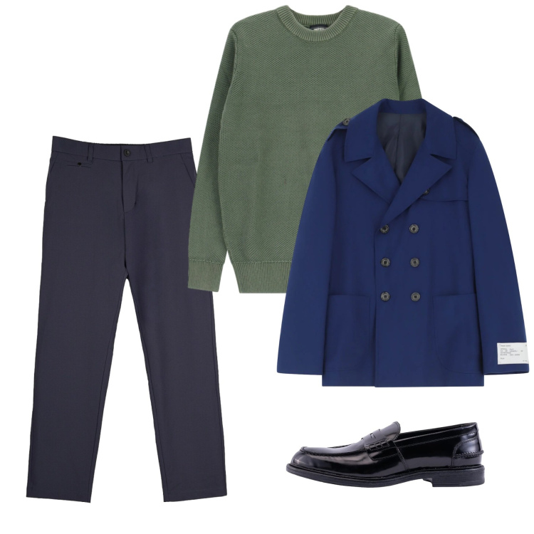 Outfit uomo - Gennaio. Stile Casual per Tutti i giorni. Abbinamento con caban, pullovers, pantaloni chino, scarpe stringate.