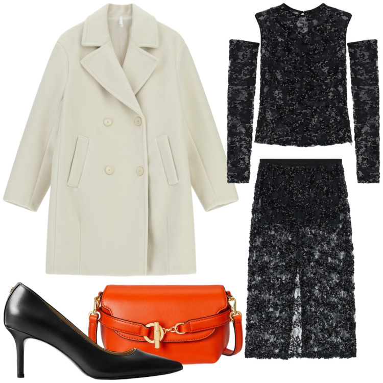 Outfit donna - Imperial - Saldi FW 2025. Stile Chic per Serata fuori. Abbinamento con gonne longuette, top, cappotti, borse a tracolla, décolleté.