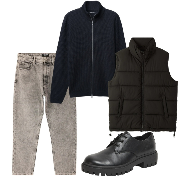 Outfit uomo - Gennaio. Stile Casual per Tutti i giorni. Abbinamento con scarpe stringate, piumini, jeans dritti, cardigans.