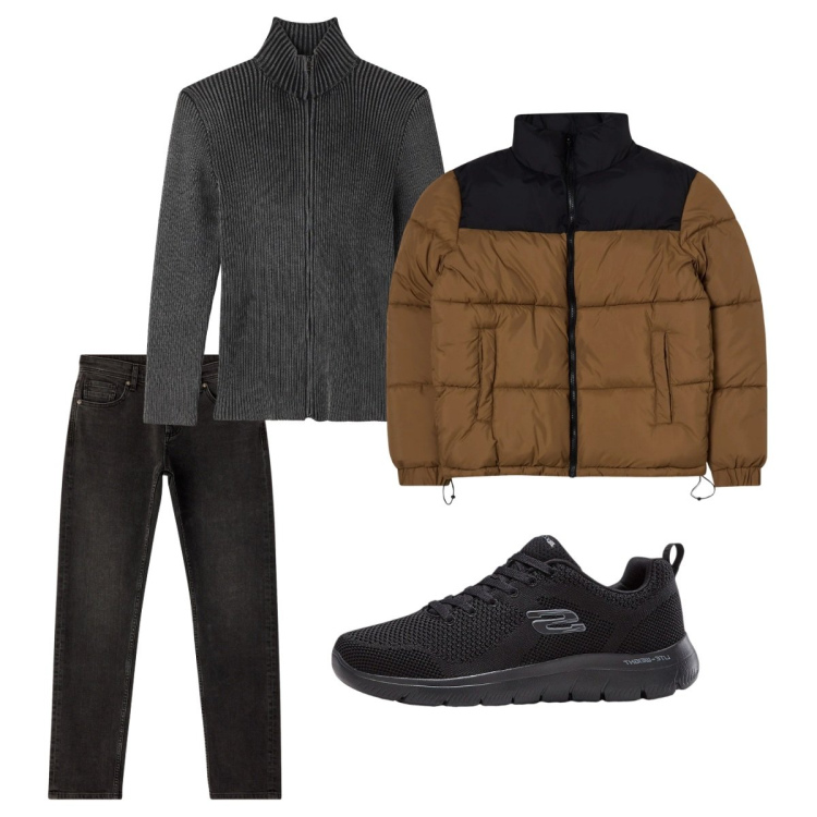 Outfit uomo - Gennaio. Stile Casual per Tutti i giorni. Abbinamento con sneakers, bomber, jeans, cardigans.