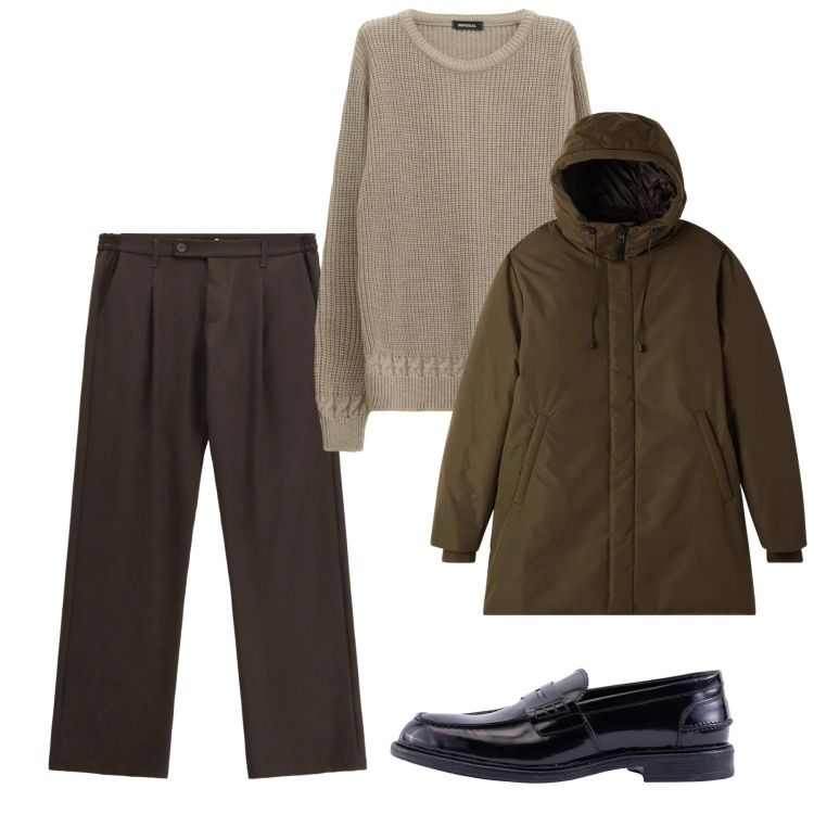 Outfit uomo - Gennaio. Stile Casual per Tutti i giorni. Abbinamento con parka, pantaloni, maglieria, scarpe stringate.