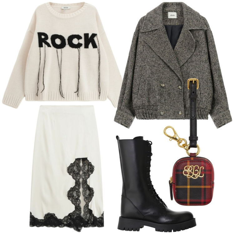 Outfit donna - Dixie - Saldi FW 2025. Stile Chic per Serata fuori. Abbinamento con pochette, maglieria, gonne, stivali, cappotti.