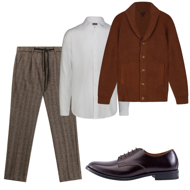 Outfit uomo - Gennaio. Stile Casual per Tutti i giorni. Abbinamento con pantaloni, scarpe stringate, camicie, cardigans.