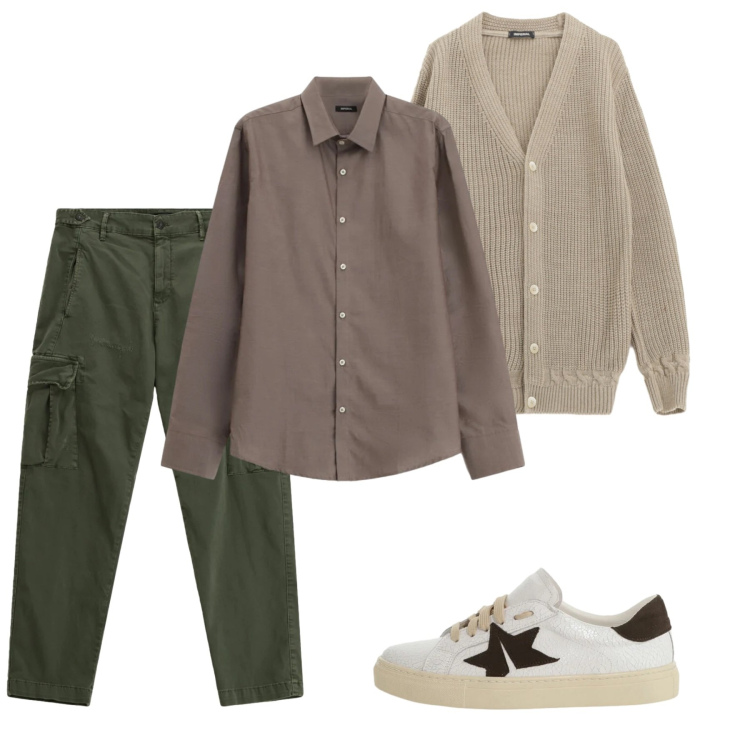 Outfit uomo - Gennaio. Stile Casual per Tutti i giorni. Abbinamento con cardigans, pantaloni cargo, camicie, sneakers.