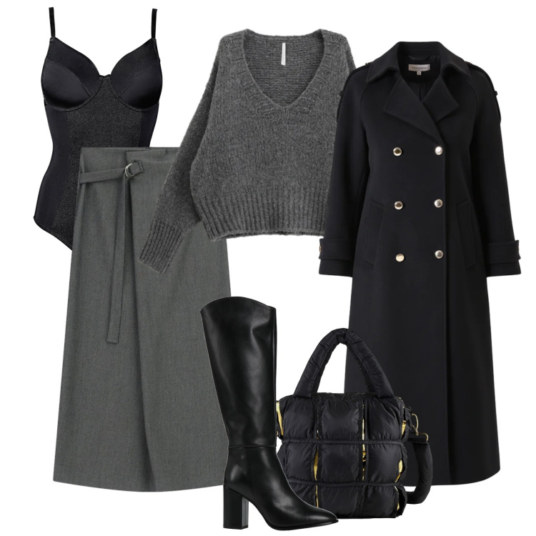 Outfit donna - Nuovo stile al lavoro. Stile Casual chic per Ufficio. Abbinamento con body, stivali, maglieria, gonne lunghe, borse a mano, cappotti.