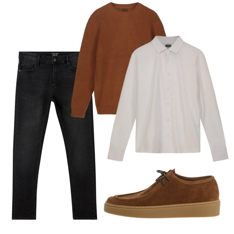 Outfit uomo - Gennaio. Stile Casual per Tutti i giorni. Abbinamento con jeans skinny, scarpe stringate, polo, maglieria.