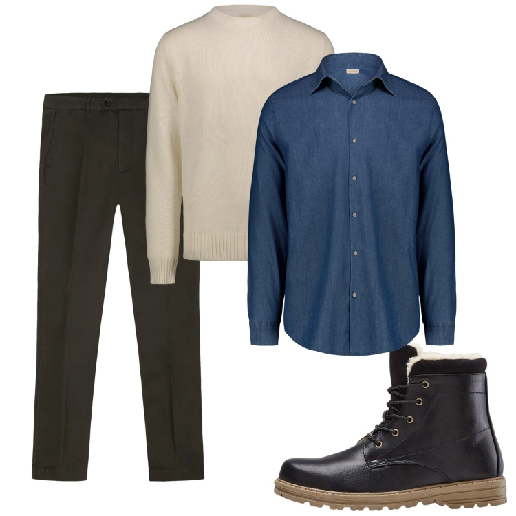 Outfit uomo - Gennaio. Stile Casual per Tutti i giorni. Abbinamento con stivali e stivaletti, camicie, pantaloni chino, maglieria.