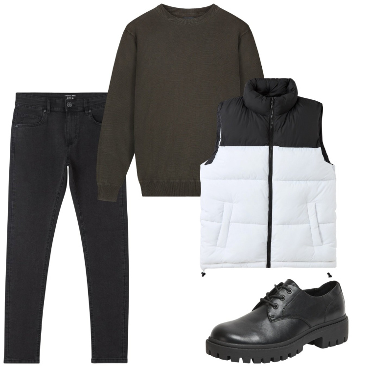Outfit uomo - Gennaio. Stile Casual per Tutti i giorni. Abbinamento con jeans skinny, scarpe stringate, piumini, maglieria.