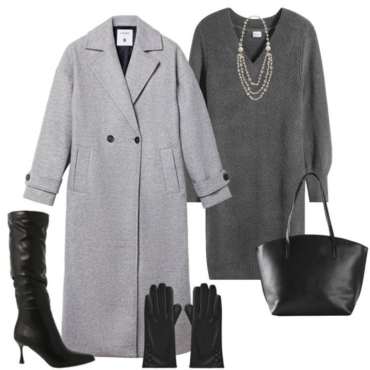 Outfit donna - Soft Grey. Stile Casual chic per Ufficio. Abbinamento con vestiti, shopping bag, cappotti, guanti, stivali sopra il ginocchio, collane.