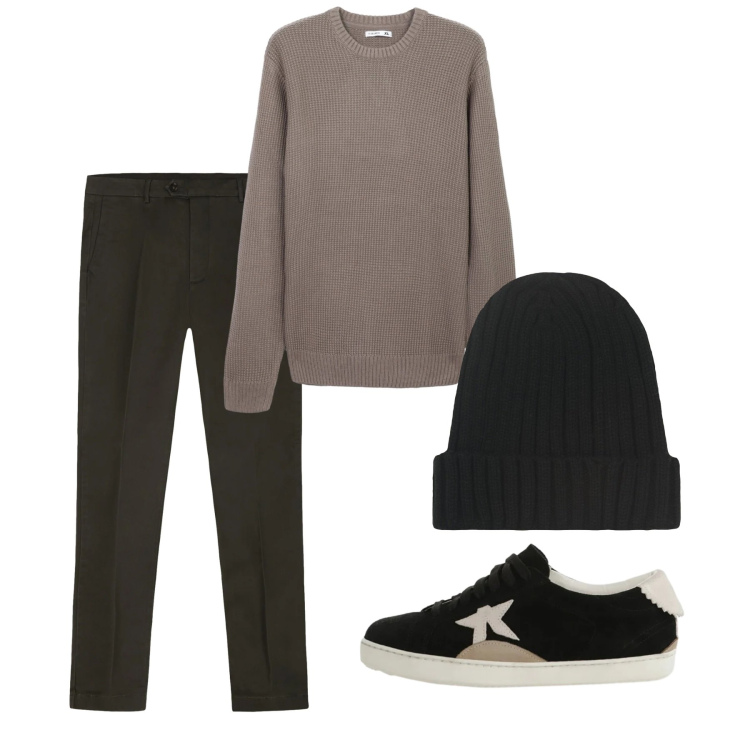 Outfit uomo - Gennaio. Stile Casual per Tutti i giorni. Abbinamento con maglieria, sneakers, pantaloni chino, berretti.