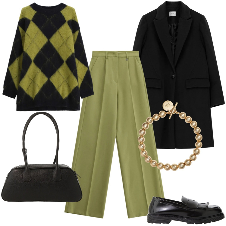 Outfit donna - Saldi Dixie FW 2025. Stile Mannish per Tutti i giorni. Abbinamento con braccialetti, maglieria, pantaloni, cappotti, mocassini, borse a mano.