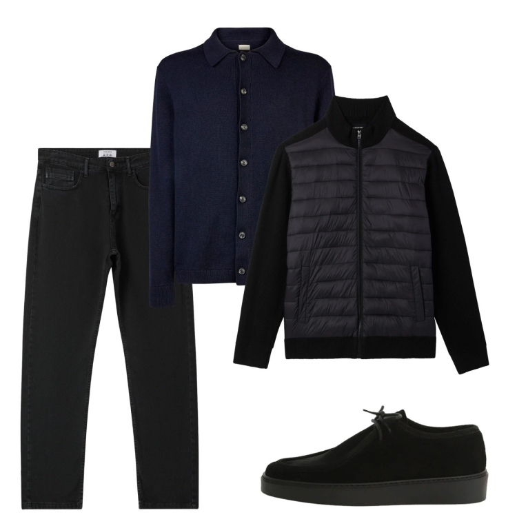 Outfit uomo - Urban gennaio. Stile Urban per Tutti i giorni. Abbinamento con piumini, jeans dritti, scarpe stringate, polo.