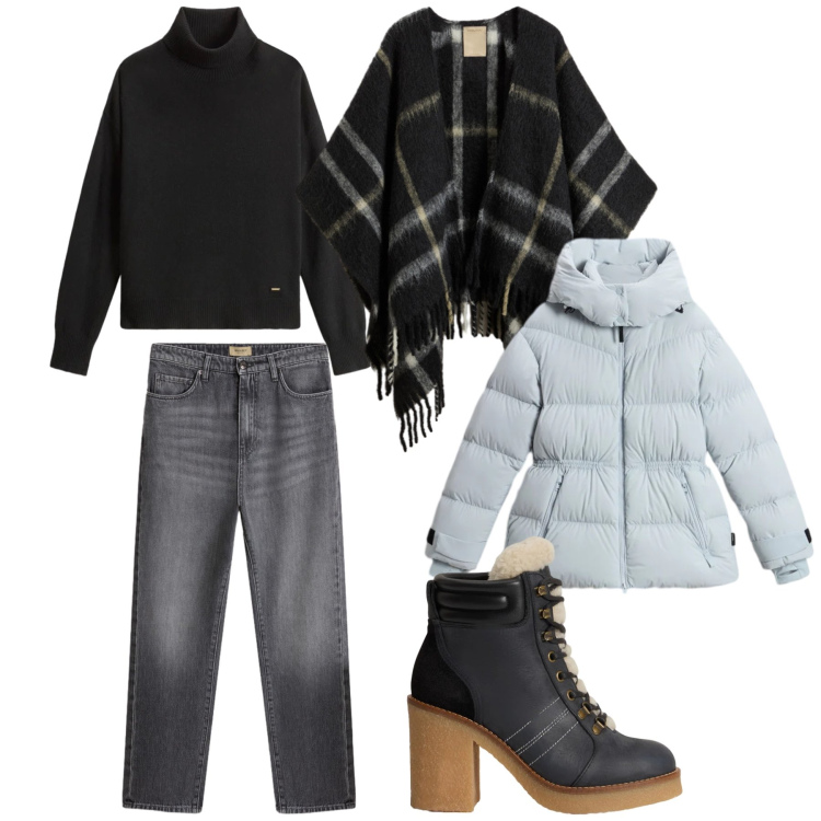Outfit donna - Outfit comodo per giornate fredde. Stile Casual per Tutti i giorni. Abbinamento con jeans, maglieria, cappe, stivaletti, piumini.