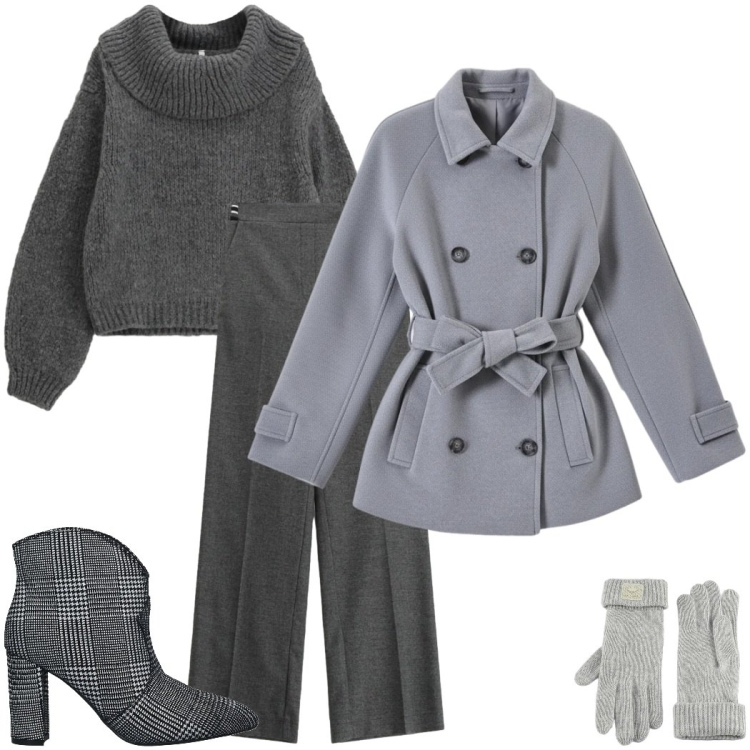 Outfit donna - Soft Grey. Stile Casual chic per Tutti i giorni. Abbinamento con stivaletti, maglieria, pantaloni a palazzo, guanti, caban.