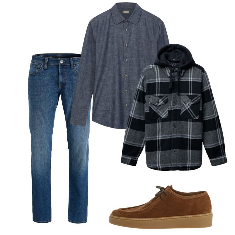 Outfit uomo - Gennaio. Stile Casual per Tutti i giorni. Abbinamento con jeans, giacche, scarpe stringate, camicie.