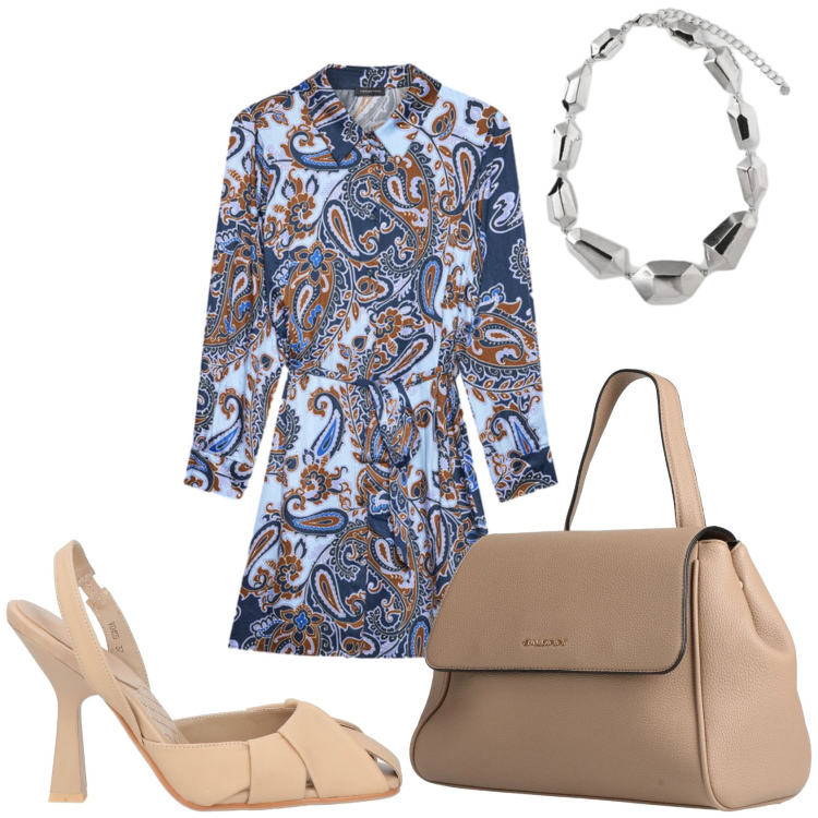 Outfit donna - In città per spese. Stile Casual chic per Tutti i giorni. Abbinamento con décolleté, zaini, vestiti chemisier, ciondoli.