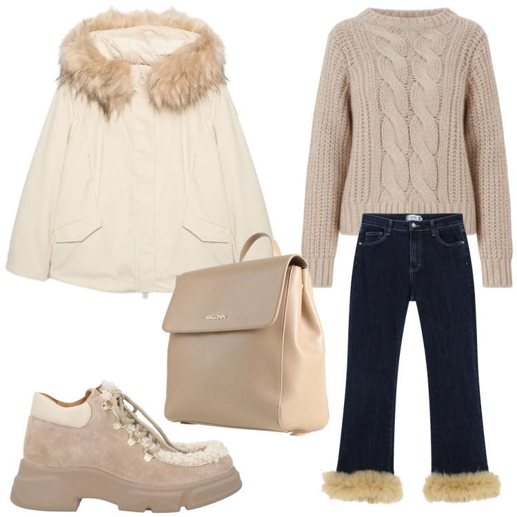 Outfit donna - Confortevole sotto la neve. Stile Casual per Tutti i giorni. Abbinamento con stivaletti, zaini, pantaloni, maglieria, piumini.