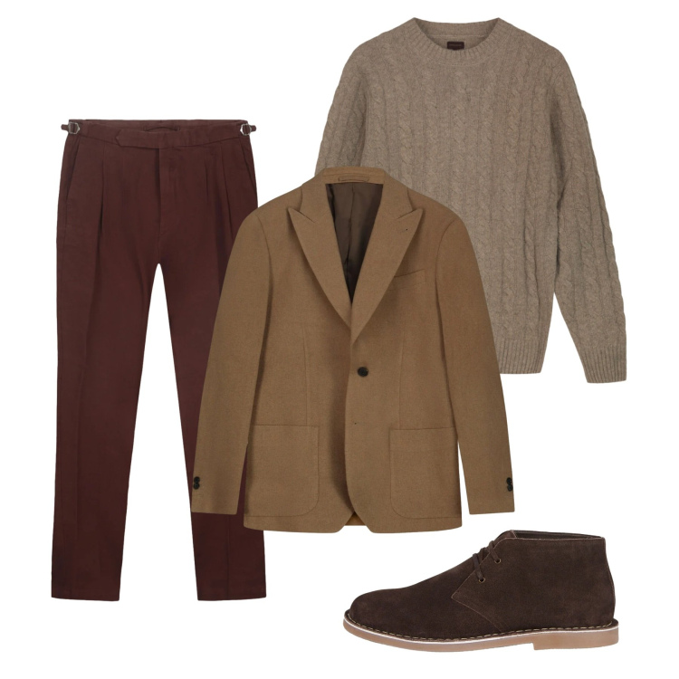 Outfit uomo - Tonalità wood. Stile Casual per Serata speciale. Abbinamento con giacche, maglieria, pantaloni, stivali e stivaletti.