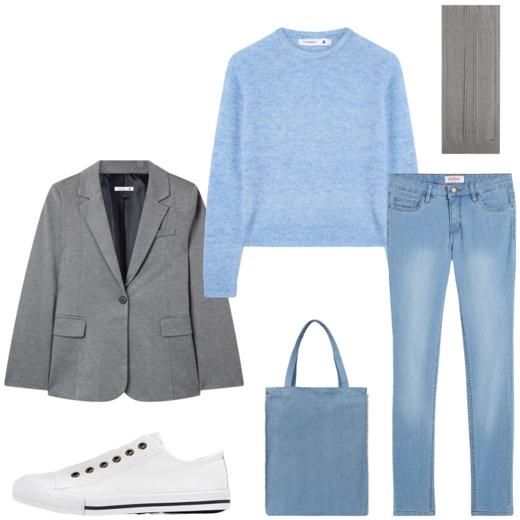 Outfit donna - Total look #2314237. Stile Minimal per Tutti i giorni. Abbinamento con jeans skinny, sneakers, maglieria, blazer, borse tote, sciarpe.