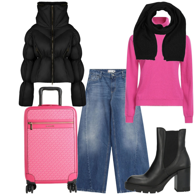 Outfit donna - Total look #2314241. Stile Sporty chic per Tutti i giorni. Abbinamento con sciarpe, maglieria, stivaletti chelsea, valigie, jeans, piumini.